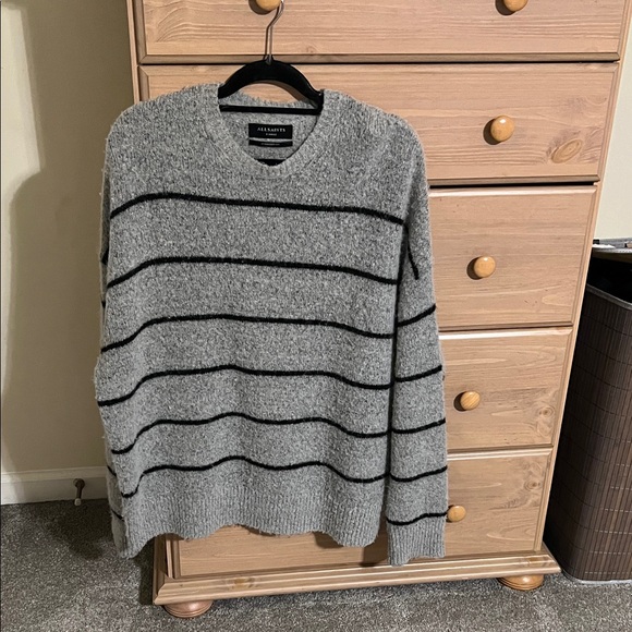 AllSaints Xander Crew Men’s Alpaca Wool Blend Sweater Gray Striped XS